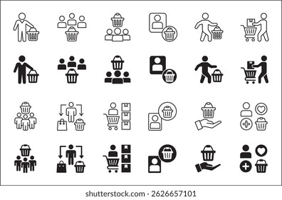 Online shopping buyer icons. Consumer shop icon set. User shopper sign collection. Icon symbol contains people, goods, stock, shopper, buyer, trolley, shopping basket. Vector illustration