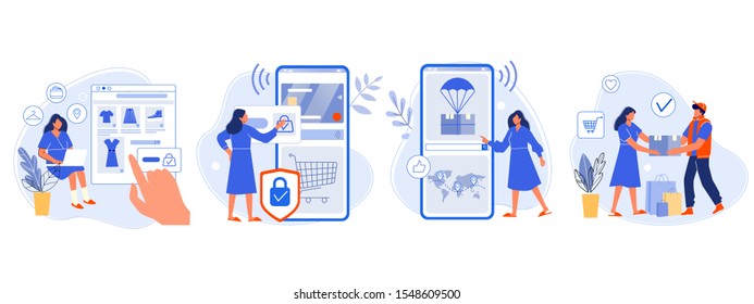 Online shopping. Buyer picked goods, paid for mobile banking, tracking parcel package and customer delivery. Online order flat vector illustration. Shopping with four steps. E purchase, internet store