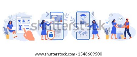 Online shopping. Buyer picked goods, paid for mobile banking, tracking parcel package and customer delivery. Online order flat vector illustration. Shopping with four steps. E purchase, internet store