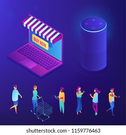 Online shopping and buying with smart speaker isometric set. Shopper with voice assistant, buyer with tablet, mobile shopper with cart. Blue violet background. Vector 3D isometric illustration.