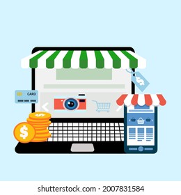 Online shopping by computer and mobile money credit cards and paying online .vector .shopping online on computer website.a portable battery-powered computer.laptop,connecting via computer network.