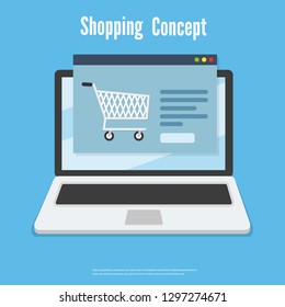 Online shopping by laptop device, ecommerce concept vector flat design icon