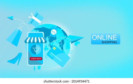Online shopping by mobile online marketing around the world.digital platform online shopping.vector design.laptop and mobile shopping.network online.