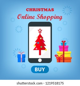 Online shopping by mobile phone and ordering Christmas gifts  online store. 