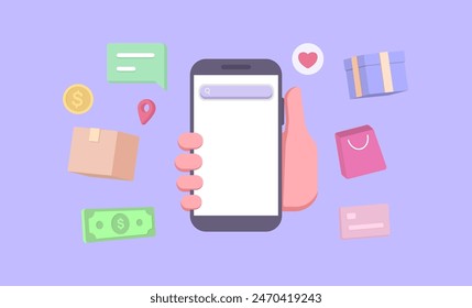 Online shopping by phone, credit cards, coins and banknotes, money transfers, financial transactions. e-payment concept. vector illustration
