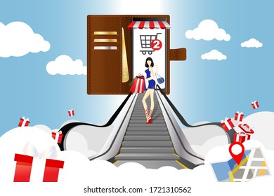 Online shopping by phone feature a lady stand on escalator lifting to heaven