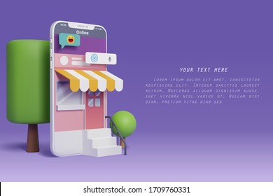 Online shopping by smart phone, the shop retail can be use internet to present product on customers phone, vector art and illustration.