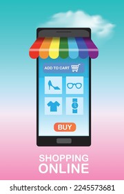 Online shopping by smart phone, internet marketing lgbt concept 