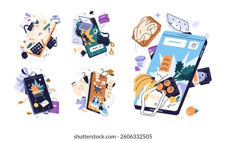 Online shopping by smartphone set. Concept of making purchase by phone app. Buyer booking delivery, order and buy goods, products on sale in internet store. Flat isolated vector illustrations on white