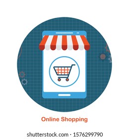 Online Shopping by smartphone . Online shopping. Smartphone turned into internet shop. Concept of mobile marketing and e-commerce