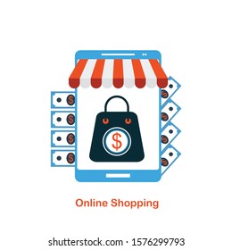 Online Shopping by smartphone . Online shopping. Smartphone turned into internet shop. Concept of mobile marketing and e-commerce