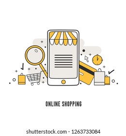 Online shopping by your mobile phone concept vector illustration,thin line flat desig for website and mobile website. Easy to use.