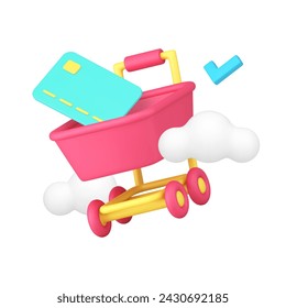 Online shopping card payment approved with supermarket grocery trolley 3d icon realistic vector illustration. Shop store groceries goods purchase virtual e money paying technology sale discount retail