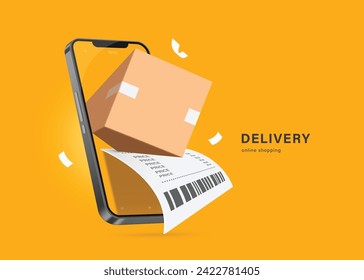 online shopping ,cardboard box or parcel box and receipt paper or invoice place on smartphone screen or mobile phone for delivery concept, vector 3d isolated on yellow background for advertising