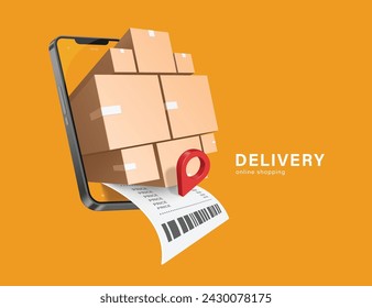 online shopping ,cardboard box or parcel box and receipt paper or invoice place on smartphone screen or mobile phone for delivery concept, vector 3d isolated on yellow background for advertising