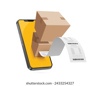 online shopping ,cardboard box or parcel box and receipt paper or invoice place on smartphone screen or mobile phone for delivery concept, vector 3d isolated on white background for advertising