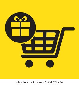 Online shopping cart. Add items. e-commerce website or mobile app icon. Widgets. Tiles. Flat 3D shadow design. yellow background black vector. product brand service label banner board display.