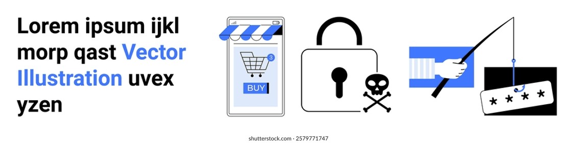 Online shopping cart with buy button, lock with skull and crossbones, and phishing rod symbolizing digital security and e-commerce threats. Ideal for cybersecurity, e-commerce, phishing awareness