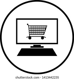 online shopping cart in a desktop computer symbol