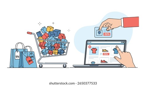 Online Shopping Cart Full of Products and Customer Placing Order on Laptop Screen