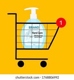The online shopping cart has  hand soap inside. Contactless online purchase of Hand wash using a phone. Digital Wireless application Technology. New normal concept. 
