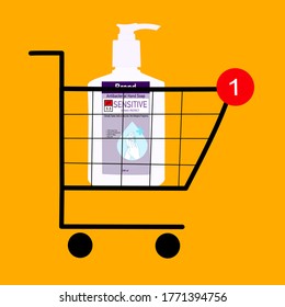 The online shopping cart has a hand soap inside. Contactless online purchase of goods using your phone. Digital Wireless application Technology. New normal concept. 