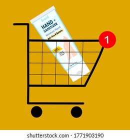 The online shopping cart has a hand sanitizer inside. Contactless online purchase of goods using your phone. Digital Wireless application Technology. New normal concept. 