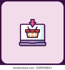 Online Shopping Cart Icon: Laptop with Download Arrow