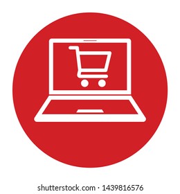 Online shopping cart laptop icon vector isolated on flat red round button illustration