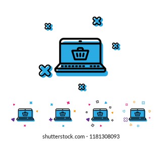Online Shopping cart line icon. Laptop sign. Supermarket basket symbol. Line icon with geometric elements. Bright colourful design. Vector