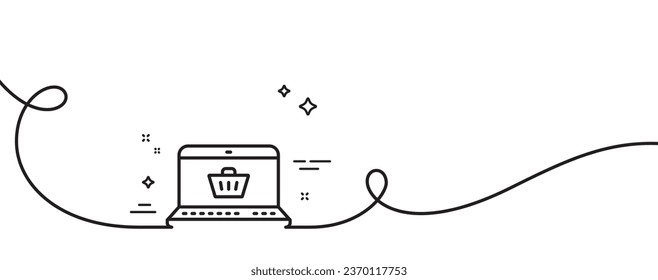 Online Shopping cart line icon. Continuous one line with curl. Laptop sign. Supermarket basket symbol. Online shopping single outline ribbon. Loop curve pattern. Vector