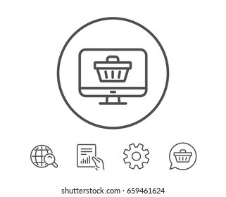 Online Shopping cart line icon. Monitor sign. Supermarket basket symbol. Hold Report, Service and Global search line signs. Shopping cart icon. Editable stroke. Vector