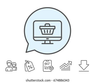 Online Shopping cart line icon. Monitor sign. Supermarket basket symbol. Report, Sale Coupons and Chart line signs. Download, Group icons. Editable stroke. Vector