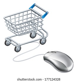 Online shopping cart mouse concept, a mouse connected to a shopping trolley, concept for online shopping