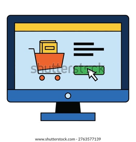 Online shopping cart on a computer screen with a green buy button icon