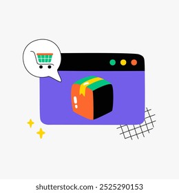 Carrito de compras en línea con el paquete en la Ilustración vectorial plana que simboliza el comercio electrónico, las compras, y las transacciones digitales, aisladas en el fondo blanco Descripción: Un paquete dentro de una compra en línea