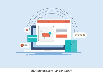 Online shopping cart, people adding products to shopping cart, eCommerce website technology, vector illustration with icons