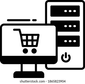 Online Shopping Cart Software and Webapp Vector Glyph Icon Design, Cloud computing and Web hosting services Symbol on White background, Hosted Ecommerce Server Concept,
