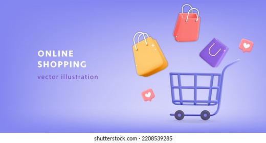 Carro de compras en línea o carro de compras con bolsos de regalo multicolor como los iconos de los medios sociales plantilla banner web. Ilustración vectorial 3d realista. Compras en línea, marketing digital, entrega.