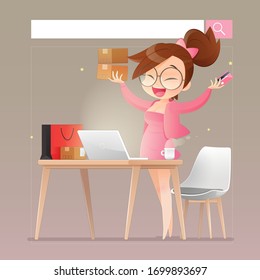 Online shopping. Cartoon shopper women wearing pink is buying online with a notebook computer and credit card stand in a home office. Stay at home concept. Flat character illustration design.