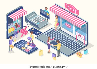 Online shopping cartoon vector. Desktop with laptop and phone decorated like shop with overhang, terminal and card, buy and sale, people with purchase