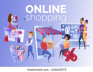 Online Shopping Cartoon Vector Illustration with Multinational Young People Buying Goods, Ordering Delivery from Shop, Using Stores Sales Discounts in Internet. International Trade Business Concept