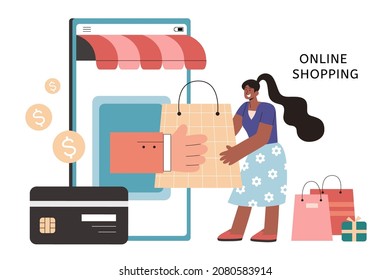 Online shopping cashback banner in flat illustration. A hand coming out of mobile phone giving a shopping bag to the woman and some coins floating up from credit card