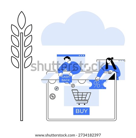 Online shopping, cashback, ecommerce, digital payments, financial incentives, retail transactions. People interacting with an online cart and discount symbols. Online shopping and cashback concept