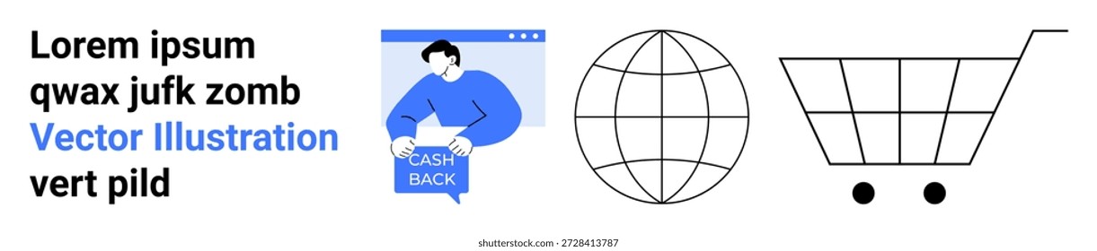 Online-Shopping, Cashback-Programme, globaler Handel, E-Commerce, Nutzervorteile, finanzielle Einsparungen. Person mit Cashback-Text, Symbol für den globalen Warenkorb. Cashback-Programme und E-Commerce-Konzepte