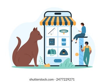 Online shopping for cat products in mobile app. Tiny people choose food, pet stuff and toys in menu on smartphone screen, purchase of supplies and goods for kitty cartoon vector illustration