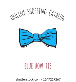 Online shopping catalog: blue bow tie. Patch illustration with fashion element, accessory for online shopping web page, flyer or banner. Isolated vector graphic element on white background.