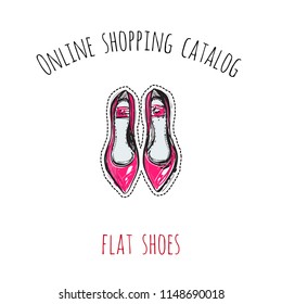 Online shopping catalog: flat shoes. Patch illustration with fashion element, accessory for online shopping web page, flyer or banner. Isolated vector graphic element on white background.