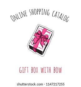 Online shopping catalog: gift box with bow. Patch illustration with fashion element, accessory for online shopping web page, flyer or banner. Isolated vector graphic element on white background.