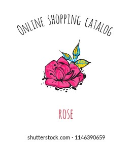 Online shopping catalog: rose. Patch illustration with fashion element, accessory for online shopping web page, flyer or banner. Isolated vector graphic element on white background.